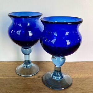 2 Cobalt Blue Glass Goblets Handblown Recycled Egyptian Light Blue Stems